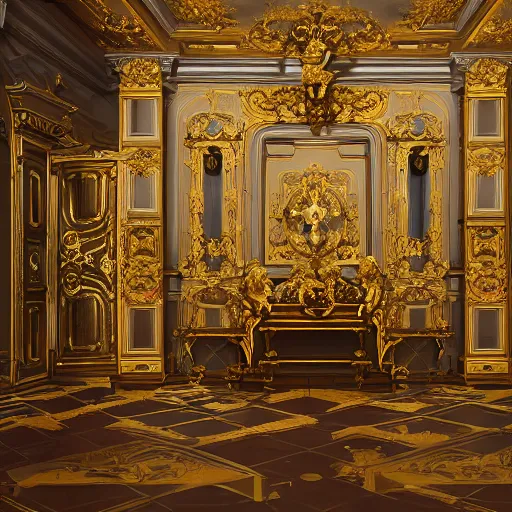 Image similar to baroque versailles interior with statues and golden decorations, baroque furniture, by peter mohrbacher dan mumford craig mullins nekro, cgsociety, pixiv, volumetric light, 3 d render