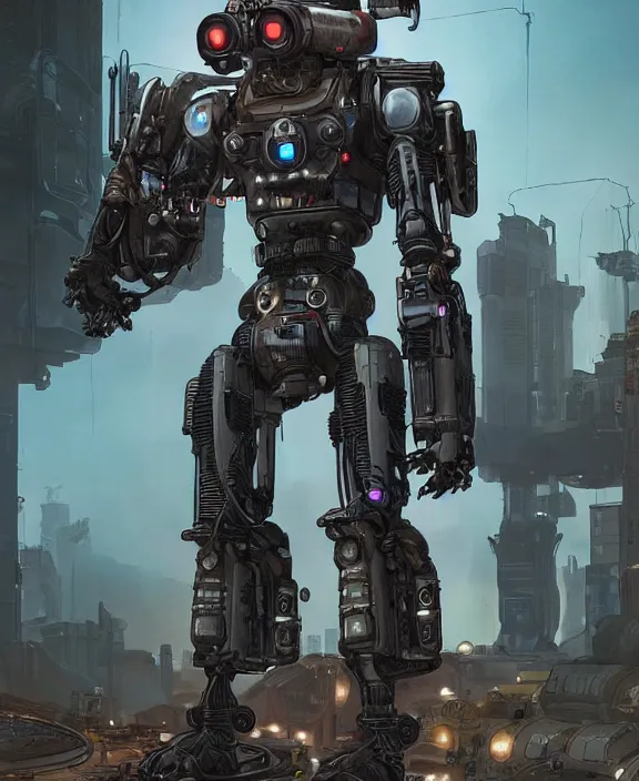 Prompt: cyberpunk pathfinder robot from apex legends, portrait by james gurney and laurie greasley, concept art, cinematic composition, dramatic lighting, highly detailed, vintage sci - fi