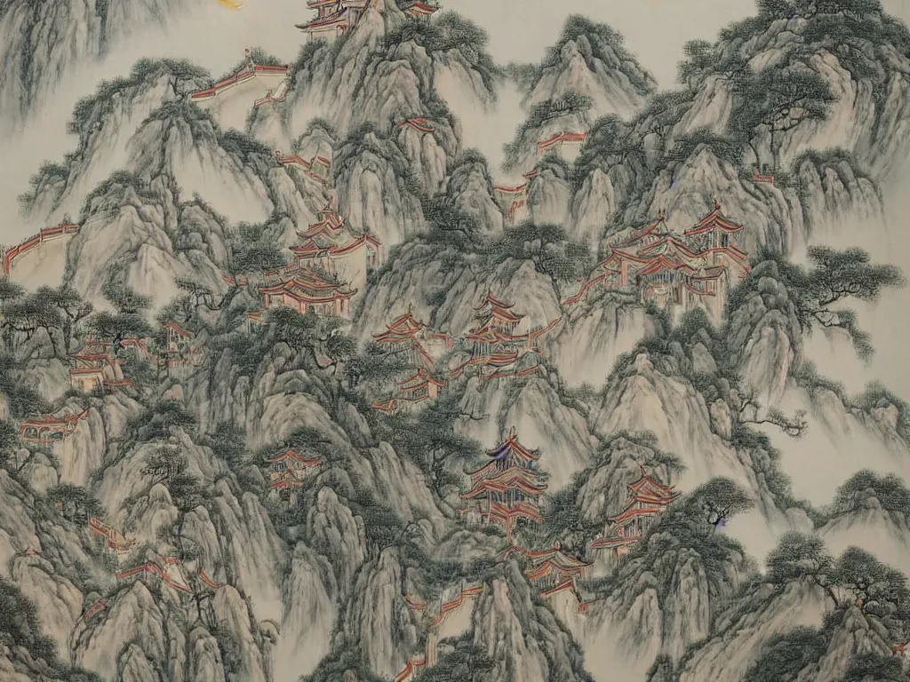 Prompt: A beautiful landscape painting of a Chinese traditional Gothic church