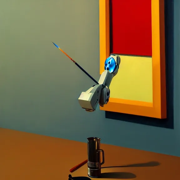 Image similar to a beautiful illustration of a robotic arm holding a paintbrush in front of a canvas by Edward Hopper, clean lines, very detailed, colorful octane render