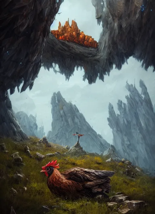 Prompt: two giant chicken legs below witch hut, greg rutkowski, zabrocki, karlkka, jayison devadas, trending on artstation, 8 k, ultra wide angle, zenith view, pincushion lens effect