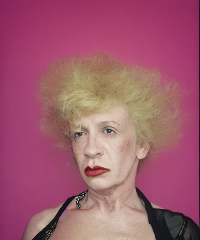 Image similar to a color photograph of nan goldin, by thomas ruff, platinum blond, intense, bold, exaggerated, ultra sharp, extra details, ultra high quality, trending on pinteresst