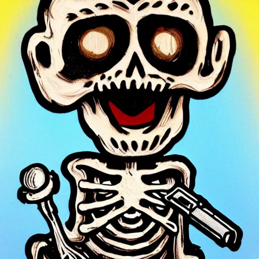 Image similar to screaming skeleton holding a gun