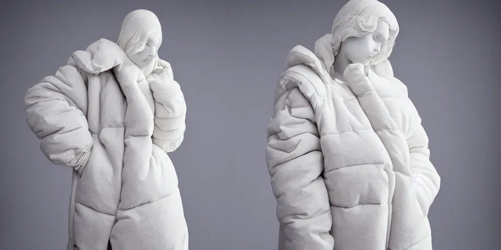 Image similar to well lit fashion shoot portrait of extremely beautiful female marble statue wearing huge over size puffer jacket by dingyun zhang, yeezy, balenciaga, vetements, a cold wall, sharp focus, clear, detailed,, cinematic, detailed, off white, glamourous, symmetrical, vogue, editorial, fashion, magazine shoot, glossy