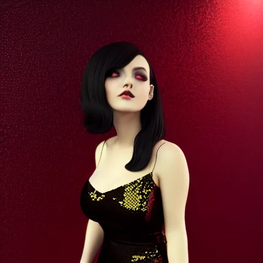 Image similar to a curvy feminine pale goth cutie with a thin waist in an elegant tight red-black-gold leather sequined tube gown, cgsociety, photorealistic, sublime-comforting ambience, 16k, smooth, sharp focus, trending on ArtStation, volumetric lighting, fully clothed, worksafe