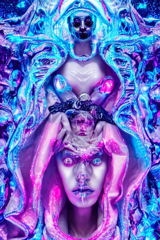 Prompt: hyper detailed ultra sharp photo of baroque and bladerunner neon crystalline sculpture of seductive muscular ghost kit butler dotado albino pink iridescent humanoid deity wearing blue holographic hooded cloak with nothing underneath holding an glass skull in a onyx dungeon, reclining, glowing magenta face, crown of white diamonds, cinematic lighting, photorealistic, octane render 8 k depth of field 3 d