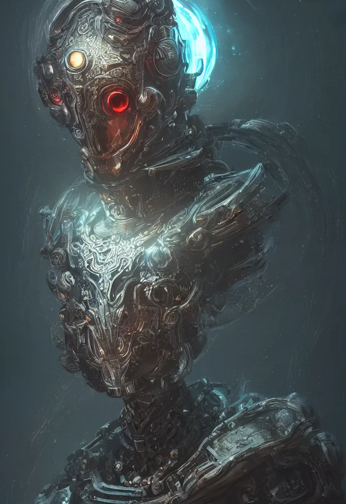 Image similar to a fancy portrait of n android necromancer, aura of light, friendly, bloodborne style, artificial intelligence, scifi, futuristic, highly detailed, trending on artstation, advanced technology, art by vitaly bulgarov and nivanh chanthara and lance wilkinson