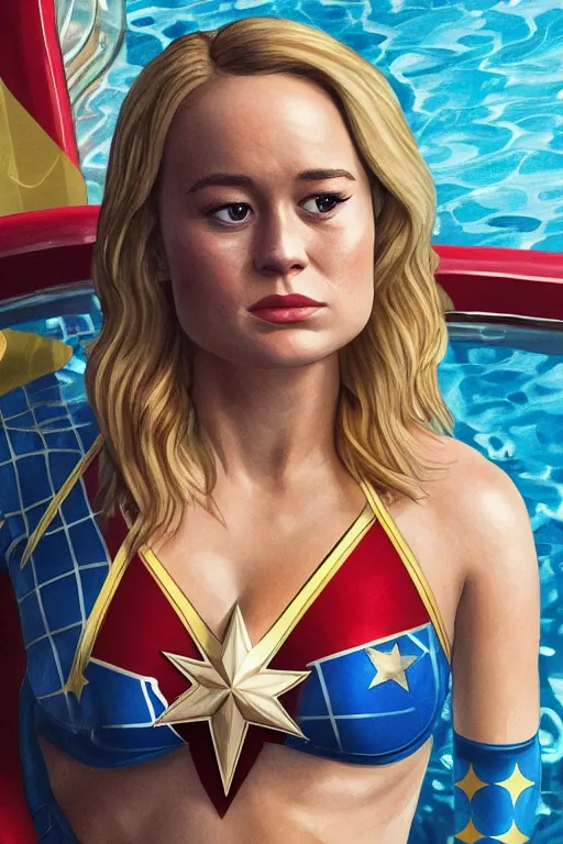 Prompt: full body portrait of a gorgeous petite Brie Larson wearing a micro bikini with a Captain Marvel pattern, wearing a micro bikini, lounging in a chair by a pool, hyper realistic, illustration, trending on artstation, HD, 4k, 8k, intricate detailed anatomy, character design, by james gurney