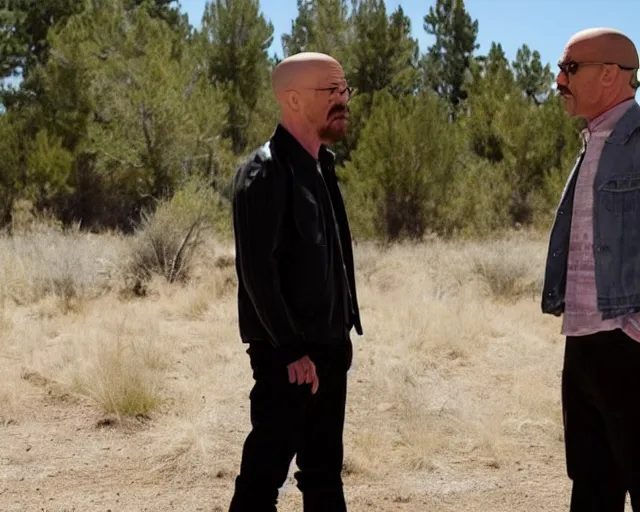 Prompt: walter white having a rap battle against saul goodman, movie still,