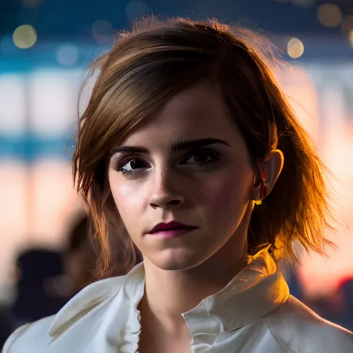 Image similar to Emma Watson in Kung Fury, XF IQ4, 150MP, 50mm, F1.4, ISO 200, 1/160s, natural light