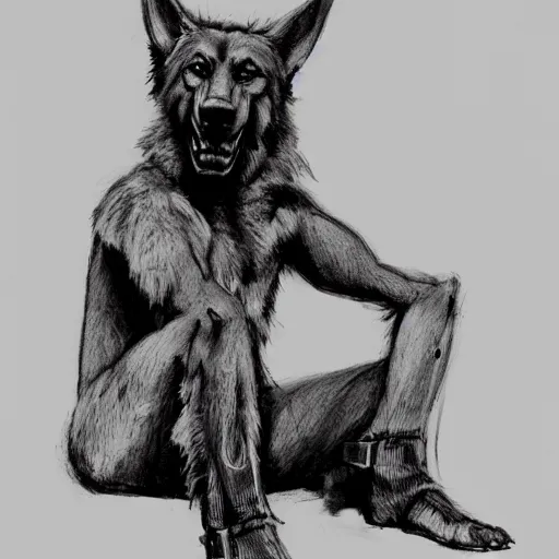 Image similar to a humanoid german shepherd beast - man, sitting on a couch and puts on jeans, artstation, concept art, smooth, sharp foccus ilustration, artstation