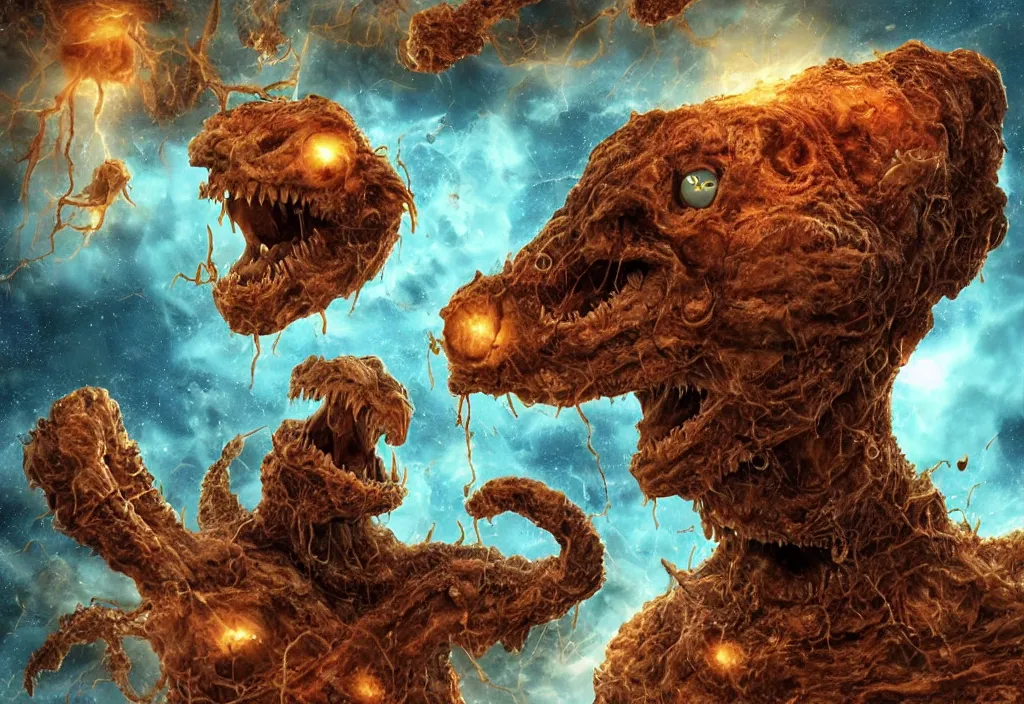 Image similar to eldritch horror bloody garfield in space, hd, 8 k, giant, epic, realistic photo, unreal engine, prophecy, powerful, cinematic lighting, destroyed planet, debris, violent, sinister, ray tracing, dynamic, epic composition, dark, horrific, teeth, grotesque, monochrome drawing, hellscape, corpses, foreboding, lightning, garfield cartoon eyes