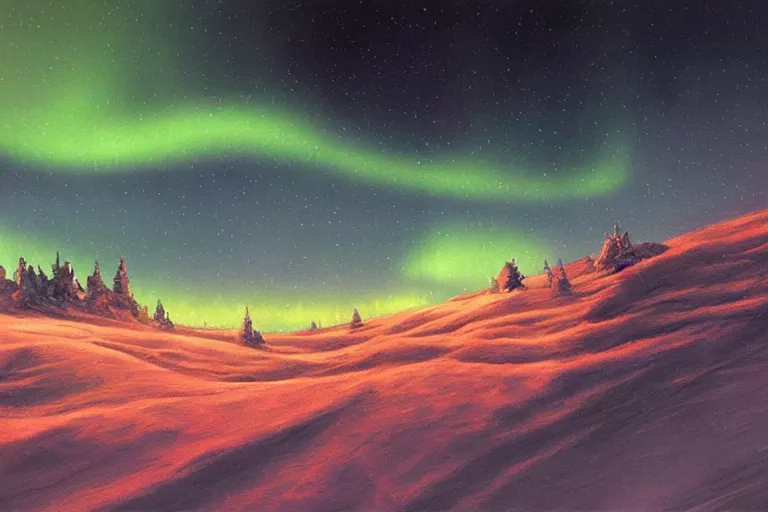 Image similar to A beautiful painting of the vast snow desert at night with the northern lights by marc simonetti, matte painting