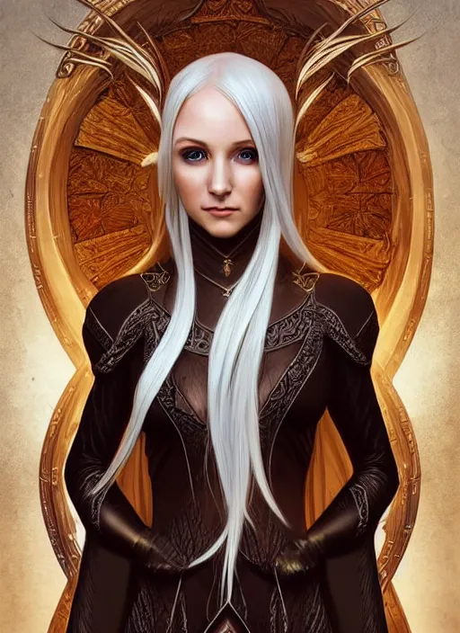 Image similar to portrait of a beautiful female elven mage, looking at camera, D&D, leather dress, long platinum hair, intricate, elegant, stylish, cute smile, fantasy, extremely detailed, digital painting, artstation, concept art, smooth, sharp focus, illustration, ambient lighting, incredible art by artgerm and greg rutkowski and alphonse mucha and simon stalenhag