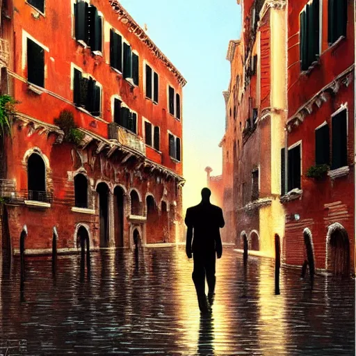 Image similar to A man walking through Venice Italy during the Great Renaissance in a cyberpunk universe, futuristic, sci-fi, highly detailed, digital painting, trending on artstation, 8k by Syd Mead