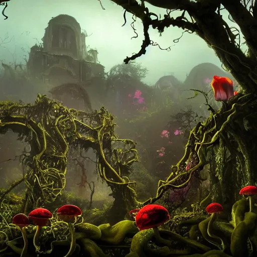 Image similar to An incredibly beautiful but ominous matte painting depicting a profusion of evil carnivorous vines and colorful flowers and lush exotic trees and bloated toadstools, with horrifying huge burning eyes and jagged bloody teeth, overgrowing a desolate ruins submerged in fog beneath the setting sun, nvidia, vray, evening, epic scale