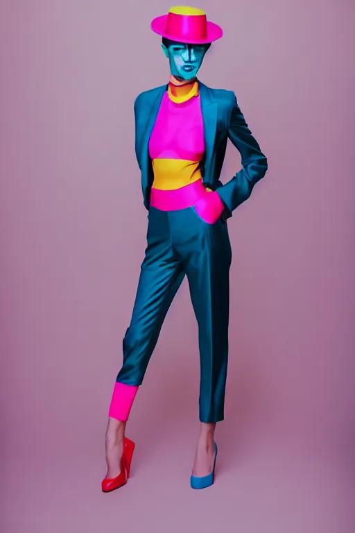 Image similar to realistic photoshooting for trouser suit for a rave, bright colors, vhs colour photography, fashion photography, vogue, smooth skin, perfect face, 8 0 mm lens, 1. 2 aperture, cinematic light, agency model img models