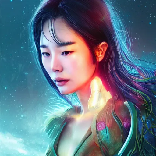 Prompt: ultra realistic illustration of cyber fairy, song hye - kyo, alien homeworld, swamps, advanced technology, special effects, colorful lights, space ship in the distance, intricate, elegant, highly detailed, digital painting, artstation, concept art, smooth, sharp focus, illustration, art by artgerm and tim mcburnie and anato finnstark