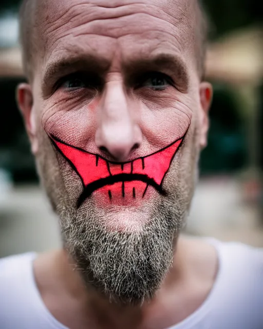 Image similar to scary photo of a man with equilateral triangle instead of his mouth, hyperrealism, bokeh, 8k, trending on