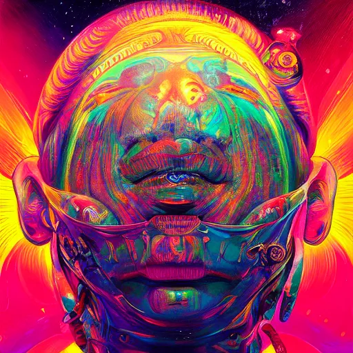 Image similar to An extremely psychedelic experience, colorful, surreal, dramatic lighting, cosmonaut, LSD, face, detailed, intricate, elegant, highly detailed, digital painting, artstation, concept art, smooth, sharp focus, illustration, art by Sam Spratt, Dan Mumford, Artem Demura and Alphonse Mucha