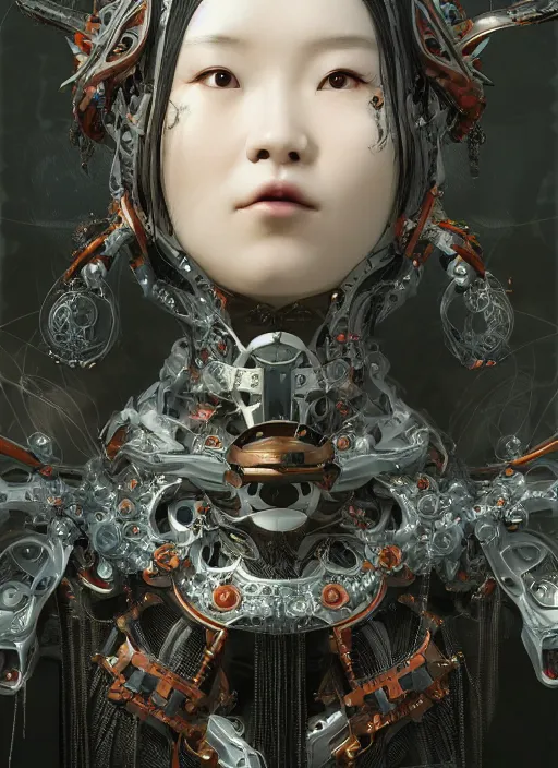 Prompt: portrait of a futuristic korean latex goth girl cyborg, modern fine art, fractal, intricate ornaments, elegant, highly detailed, digital photography, subsurface scattering, by jheronimus bosch and greg rutkowski,