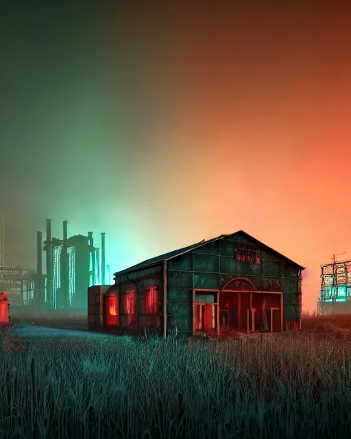 Image similar to a beautiful photorealistic rendering of urbex storage building city industrial architecture nature abandoned by beeple, azeroth neon noir nightvision lightpaint synthwave tron landscape at night thermal imaging darkacademia infrared meadow bladerunner 2 0 4 9 biopunk, archdaily, wallpaper, highly detailed, trending on artstation.