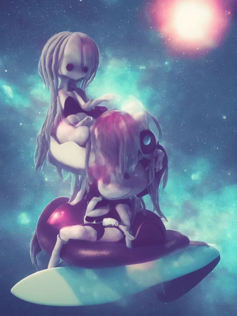 Image similar to cute fumo plush gothic maiden alien girl sitting on a surfboard in the dark galactic abyss, heart eyes, vignette, vray