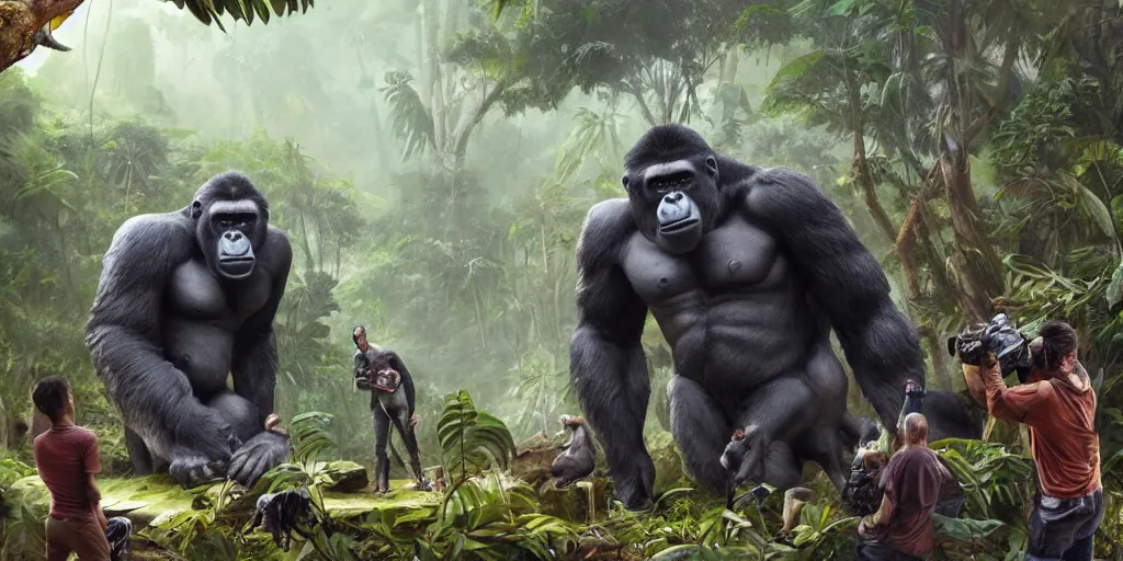 Prompt: explorers finding a big gorilla statue in the jungle, concept art, art station, cg society, game concept, mike azevedo style