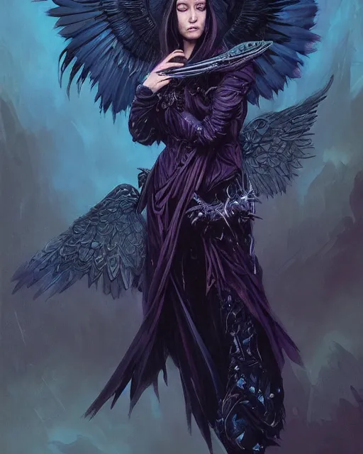 Prompt: character portrait of a raven angel of night with iridescent black raven wings wearing robes, female lord of change, by peter mohrbacher, mark brooks, jim burns, marina abramovic, wadim kashin, greg rutkowski, trending on artstation