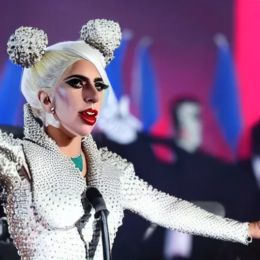 Prompt: Lady Gaga with detailed face as president, Argentina presidential rally, Argentine flags behind, bokeh, giving a speech, Argentina