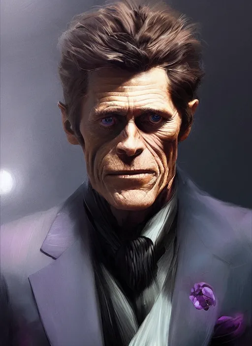 Image similar to willem dafoe wearing a dark purple suit, elegant, digital painting, concept art, smooth, sharp focus, illustration, by ruan jia and mandy jurgens and artgerm and william - adolphe bouguerea