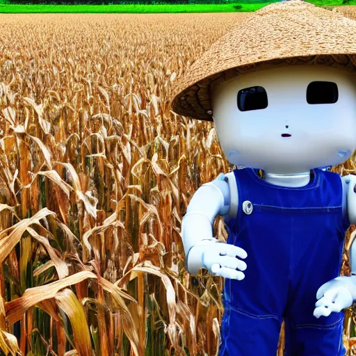 Image similar to a photo of a humanoid robot wearing a straw hat blue overalls in the corn field, photorealistic, 8 k, castle background