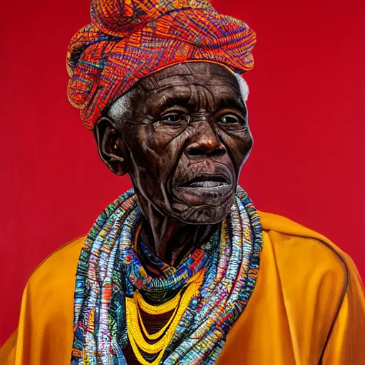 Image similar to a painting of a wise elder from Kenya by Kehinde Wiley . dramatic angle, ethereal lights, details, smooth, sharp focus, illustration, realistic, cinematic, artstation, award winning, rgb , unreal engine, octane render, cinematic light, macro, depth of field, blur, red light and clouds from the back, highly detailed epic cinematic concept art CG render made in Maya, Blender and Photoshop, octane render, excellent composition, dynamic dramatic cinematic lighting, aesthetic, very inspirational, arthouse.