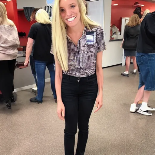 Image similar to a mop of blonde hair standing on 8 skinny black legs