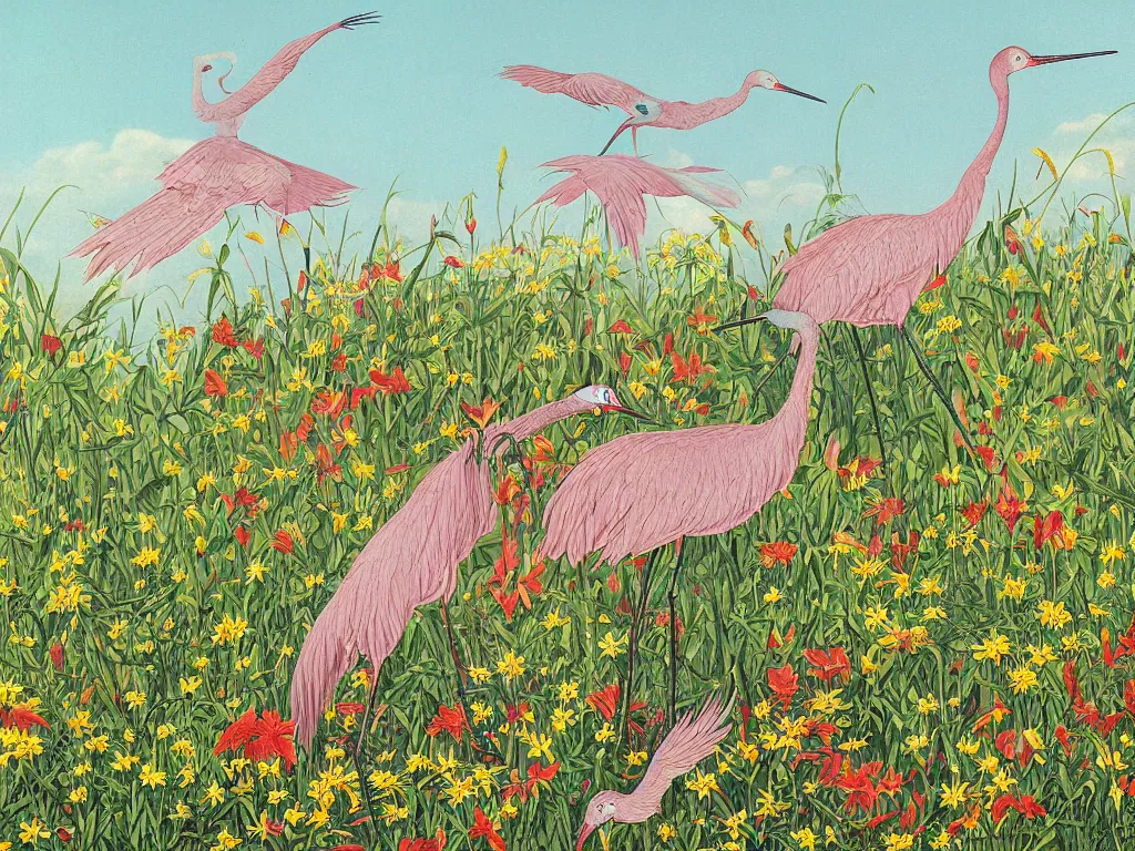 Image similar to Crane birds disturbing a unicorn from its sleep in a wild flower field. Colorful painting by Audubon