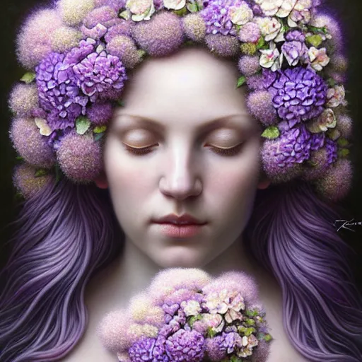 Image similar to a lilac hair beautiful goddess of light, hydrangeas flowers, soft rose, and dried petals, painterly, methaphoric and ornamental, intricate and elegant, highly detailed photorealistic painting, decorative lines, sharp focus, 8 k, by tomasz alen kopera, h 7 2 4