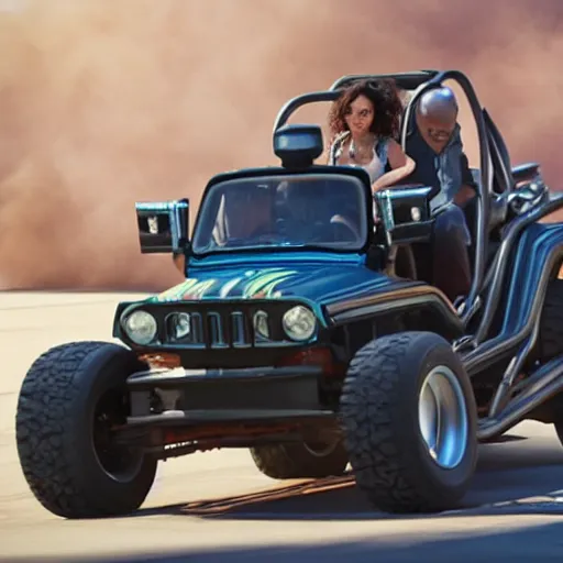 Image similar to beetlejuice from the howard stern show driving a power wheel jeep, from the new fast and furious movie, movie still, fun, action, 8 k