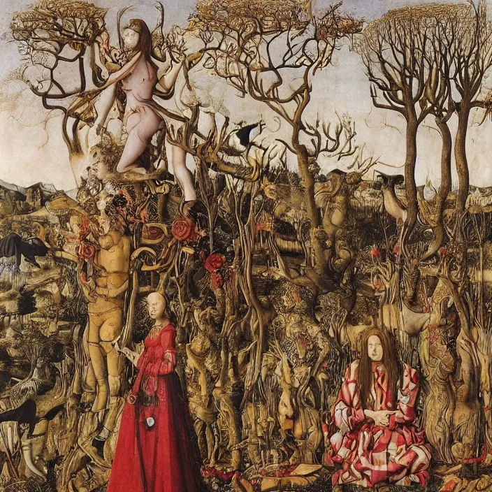 Prompt: a wide landscape with a tattood priestess with animal stripes and antlers transforming into a tree while the stars shine above like flower by jan van eyck, ernst fuchs, nicholas kalmakoff, joep hommerson, character, full body, catsuit, max ernst, hans holbein, lace