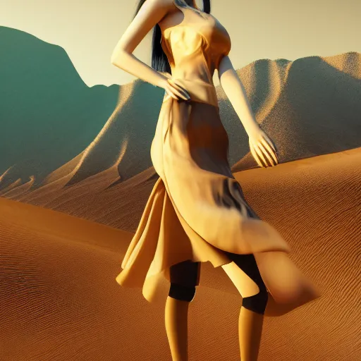 Prompt: innovative avant-garde art, deco fashion, asian women, wearing skirt, highly detailed, photo-realistic portrait, serene desert setting, golden hour, crisp quality and light reflections, unreal engine 5 quality render