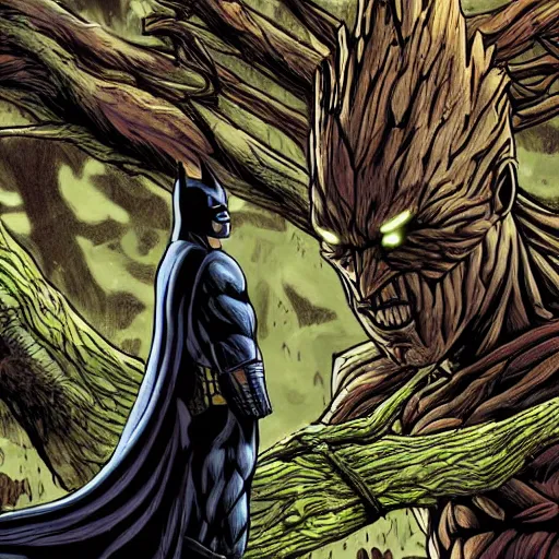 Image similar to batman meets groot in the woods digital art 4 k detailed super realistic