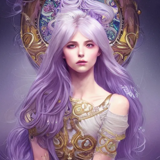 Image similar to masterpiece ultra realistic illustration of a magical girl with silver hair and gold eyes, dreamy and ethereal, lavender tones, ornate dress, dramatic, cinematic, fantasy, highly detailed, smooth. in the style of artgerm and alphonse mucha, artstation trending.