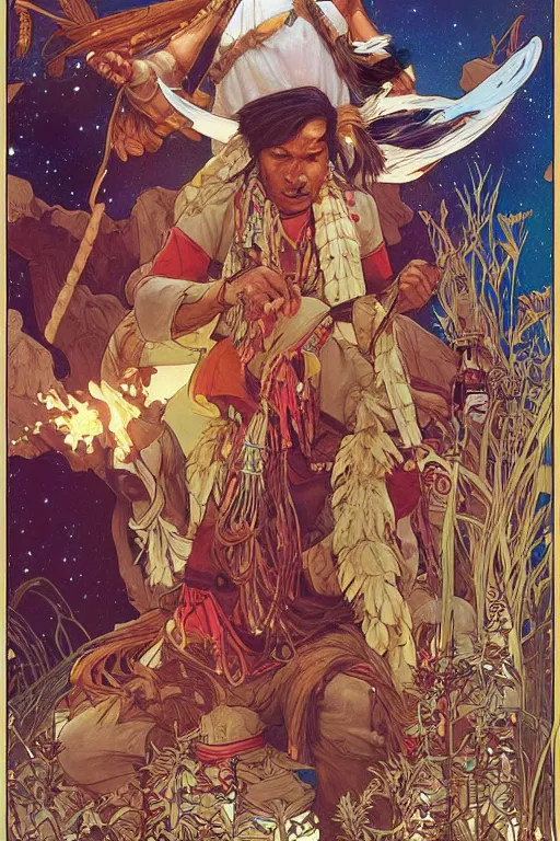 Image similar to serene scene of an apache medicine man telling stories around a fire, by artgerm and yoshitaka amano and moebius and alphonse mucha, hyperdetailed, dc comics, ornate, nebula, explosions in the sky, trending on artstation