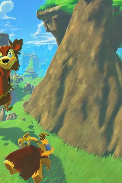 Image similar to an in game portrait of banjo and kazooie from the legend of zelda breath of the wild, breath of the wild art style.