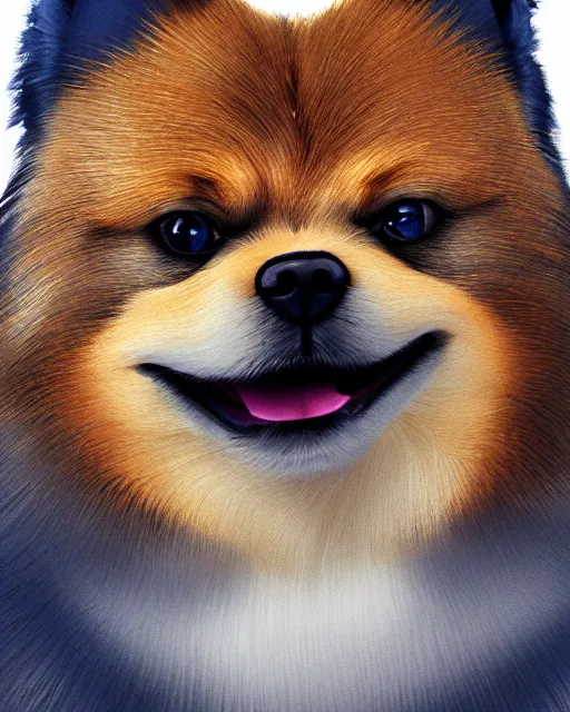 Image similar to gold, blue, head to shoulders illustration of a fat angry pomeranian, 3 d, 8 k, extremely detailed, artstation