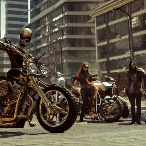 Prompt: ghost rider without bike stands on the street in a crowd of people, nervous face, 4 k, detailed, highly detailed, cinematic, octane render, front light