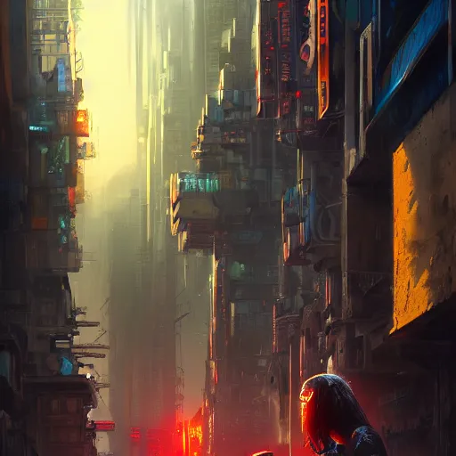 Image similar to Cyberpunk city, street vendors, citizens, augmented cyborgs, robots, skyscapers, buildings, clouds, sunset, painted by seb mckinnon, high detail, digital art, trending on artstation