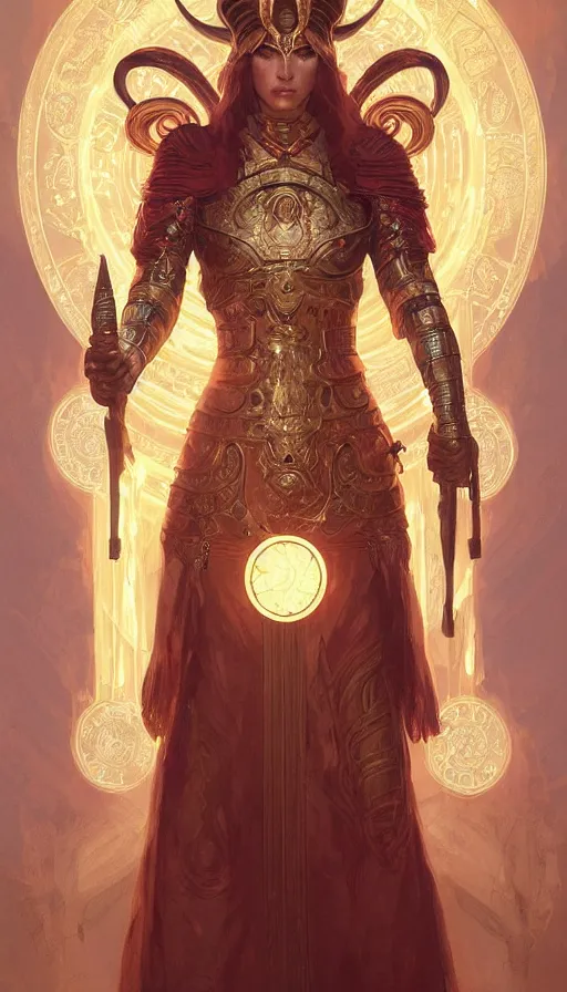 Prompt: aries fiery ram tarot, sad expression, holy light, intricate armor, elegant, highly detailed, digital painting, artstation, concept art, smooth, sharp, focus, illustration, art by artgerm and greg rutkowski and alphonse mucha