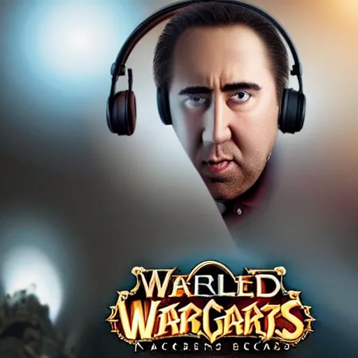 Image similar to obese nicolas cage wearing a headset yelling at his monitor while playing WoW highly detailed wide angle lens 10:9 aspect ration award winning photography