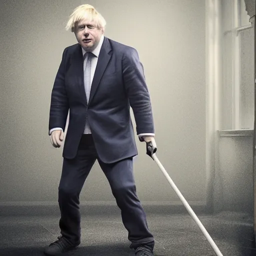 Image similar to Boris Johnson with Janitors body, realistic artstyle, wide shot, dramatic lighting, octane render, hyperrealistic, high quality, highly detailed, HD, beautiful, cinematic, 8k, unreal engine, facial accuracy, symmetrical