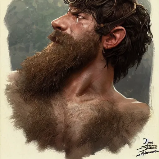 Image similar to portrait of a rugged ranger, muscular, upper body, hairy torso, D&D, fantasy, intricate, elegant, highly detailed, digital painting, artstation, concept art, smooth, sharp focus, illustration, art by artgerm and Greg Rutkowski and Alphonse Mucha